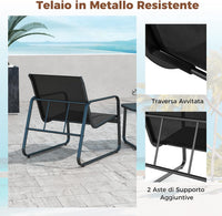 Set da Conversazione a 3 Pezzi, Set di 2 Sedie in Textilene e Tavolino in Vetro Temperato, Set da Giardino a 3 Pezzi con Struttura in Metallo, per Giardino, Terrazza, Piscina (Nero)