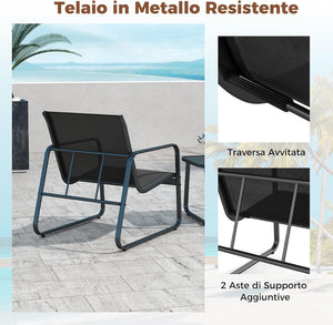 Set da Conversazione a 3 Pezzi, Set di 2 Sedie in Textilene e Tavolino in Vetro Temperato, Set da Giardino a 3 Pezzi con Struttura in Metallo, per Giardino, Terrazza, Piscina (Nero)