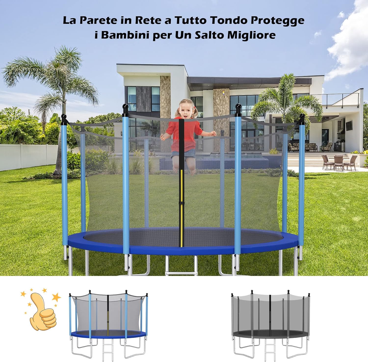 Rete di Sicurezza Sostitutiva per Trampolino da Esterno con Diametro 244 cm/305 cm/366 cm/427 cm/457 cm/488 cm, con Doppia Cerniera e Fibbie Protettive