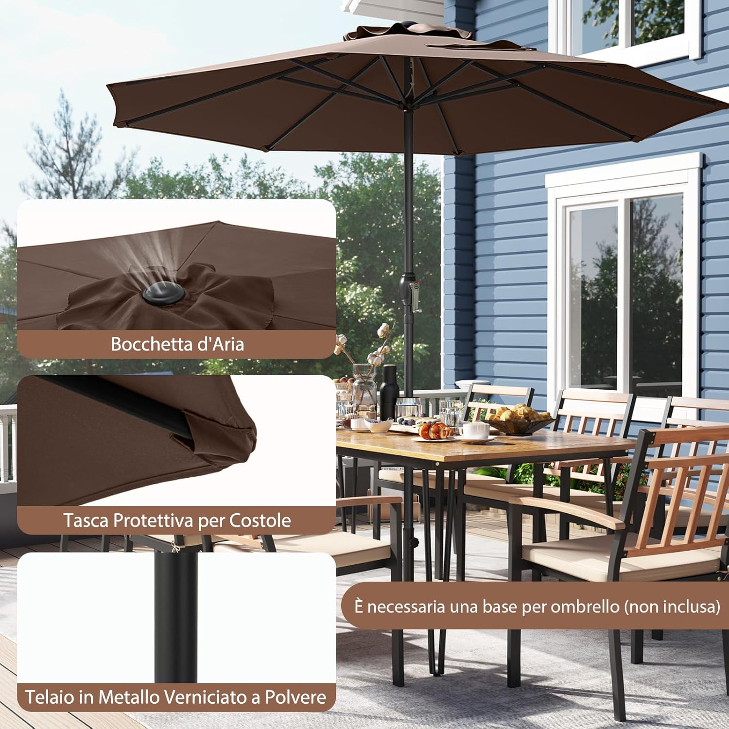 Ombrellone da Giardino da 260/360 cm, Ombrellone Parasole con Manovella, Ombrellone da Spiaggia con 8 Stecche, per Cortile Piscina Giardino (Caffè,260 cm)