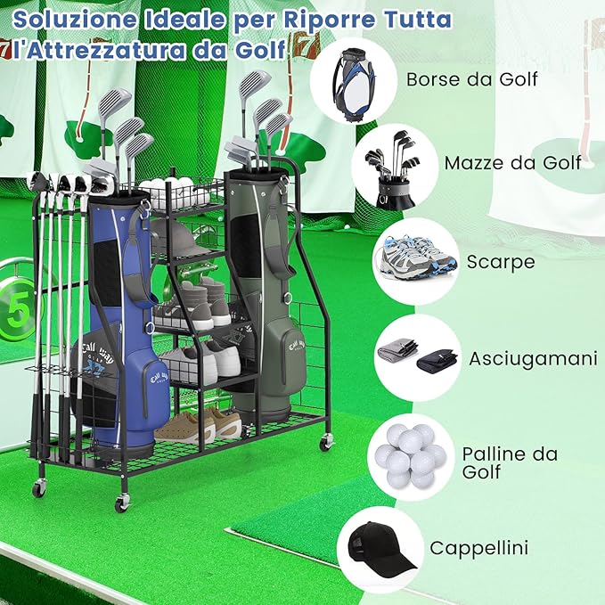 Organizer per Borse da Golf, Carrello per Sacca da Golf con Supporti Rimovibili, Cesta in Rete, Scaffali Aperti, Vassoio e Ruote, Organizzatore Salvaspazio in Metallo per Casa e Garage