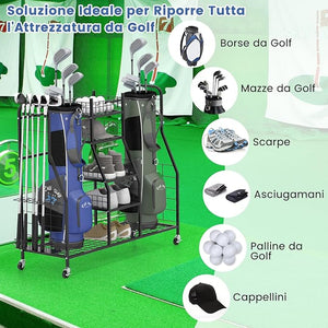Organizer per Borse da Golf, Carrello per Sacca da Golf con Supporti Rimovibili, Cesta in Rete, Scaffali Aperti, Vassoio e Ruote, Organizzatore Salvaspazio in Metallo per Casa e Garage