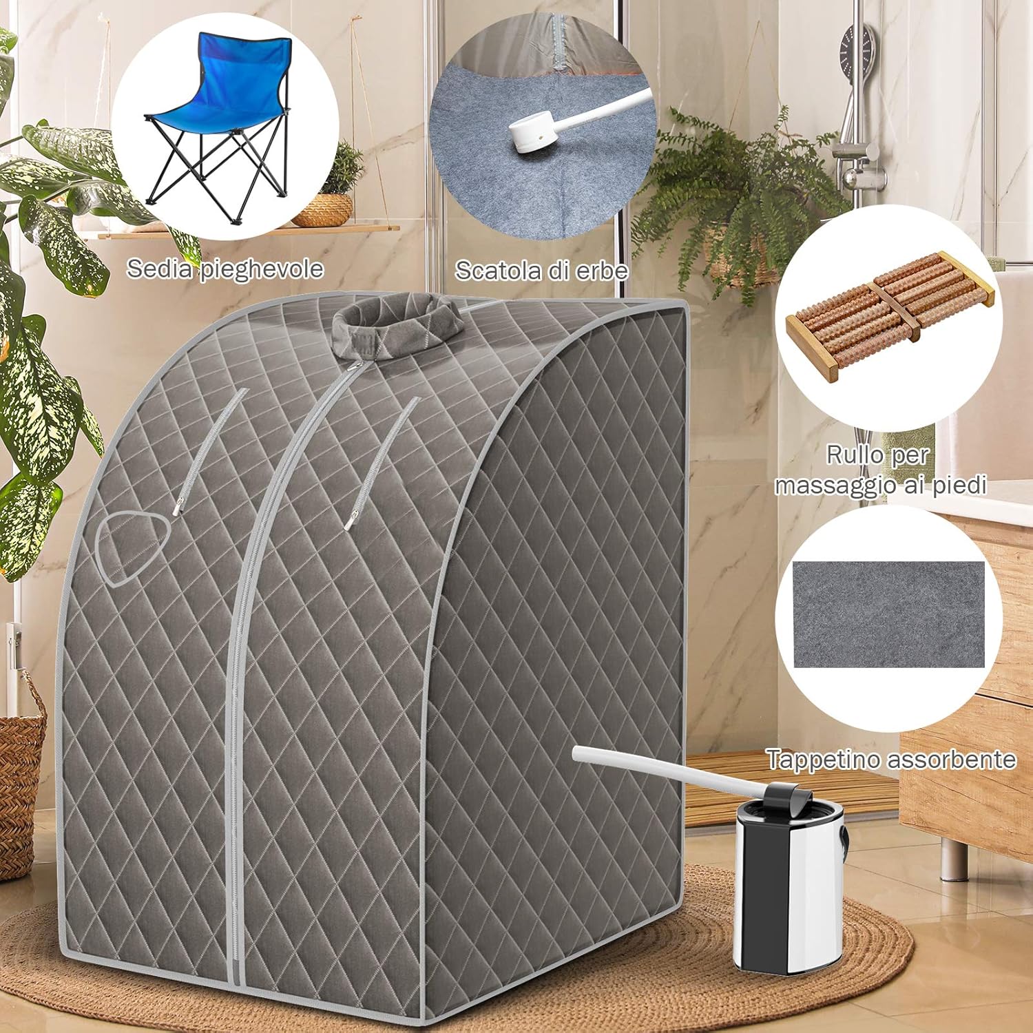1000 W Sauna a Vapore Portatile con Telecomando, Sauna Domestica Bagno di Vapore con Sedia, Sauna Spa 3L, Funziona Timer 15-90 min (Grigio)