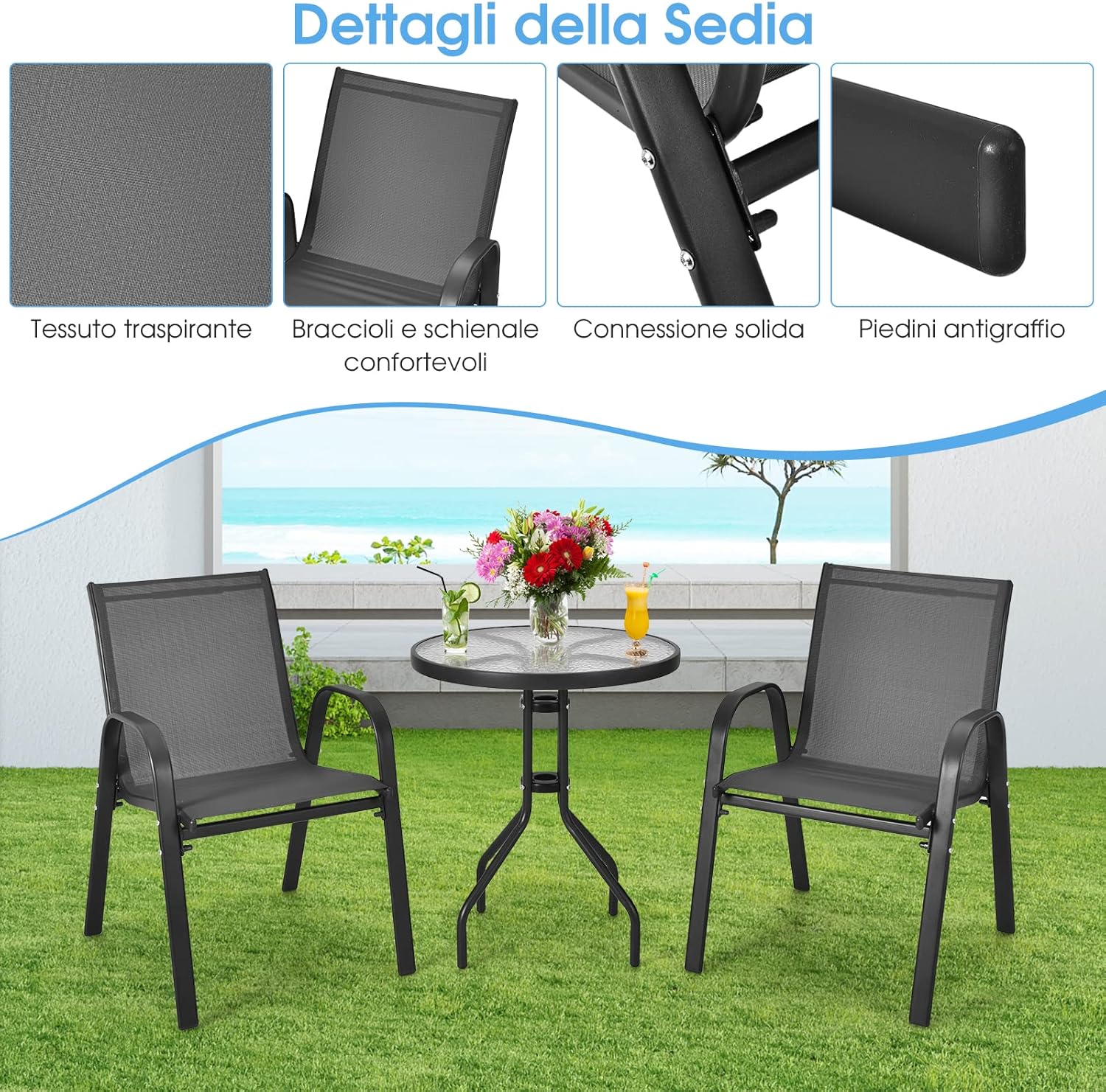 Tavoli con 2 Sedie da Giardino in Acciaio Antiruggine e Tessutto Traspirante, Set di Mobili da Esterno con Tavolino Rotondo in Vetro e Sedie Ergonomiche, Ideale per Balcone e Cortile