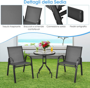 Tavoli con 2 Sedie da Giardino in Acciaio Antiruggine e Tessutto Traspirante, Set di Mobili da Esterno con Tavolino Rotondo in Vetro e Sedie Ergonomiche, Ideale per Balcone e Cortile