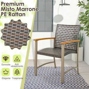 Set di 4 Sedie da Giardino in Rattan, Sedie da Pranzoper Patio con Braccioli in Legno di Acacia, Telaio in Metallo, Poltrone Giardino per Balcone, Portico, Piscina, Portata 180 kg