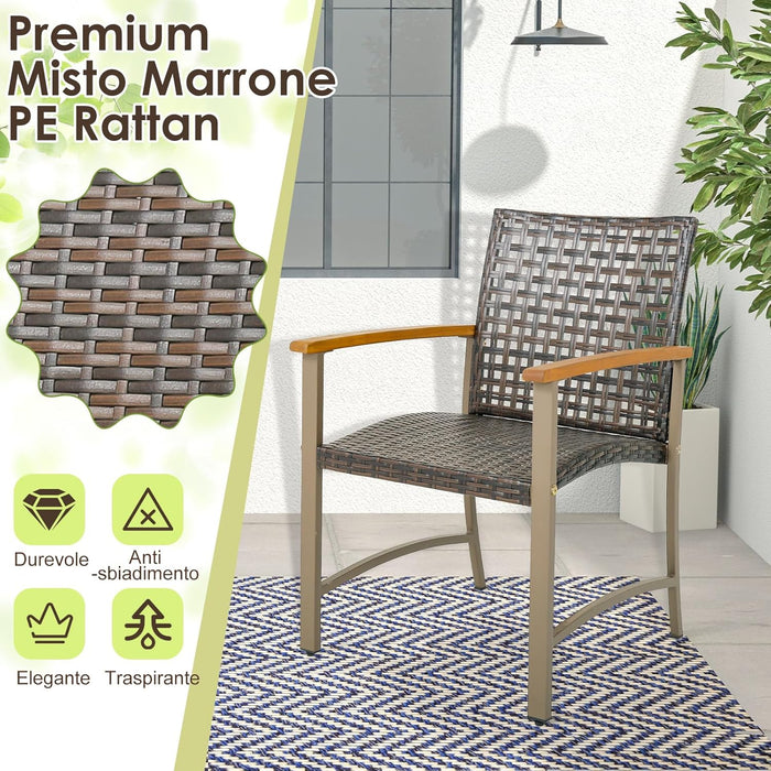 Set di 4 Sedie da Giardino in Rattan, Sedie da Pranzoper Patio con Braccioli in Legno di Acacia, Telaio in Metallo, Poltrone Giardino per Balcone, Portico, Piscina, Portata 180 kg