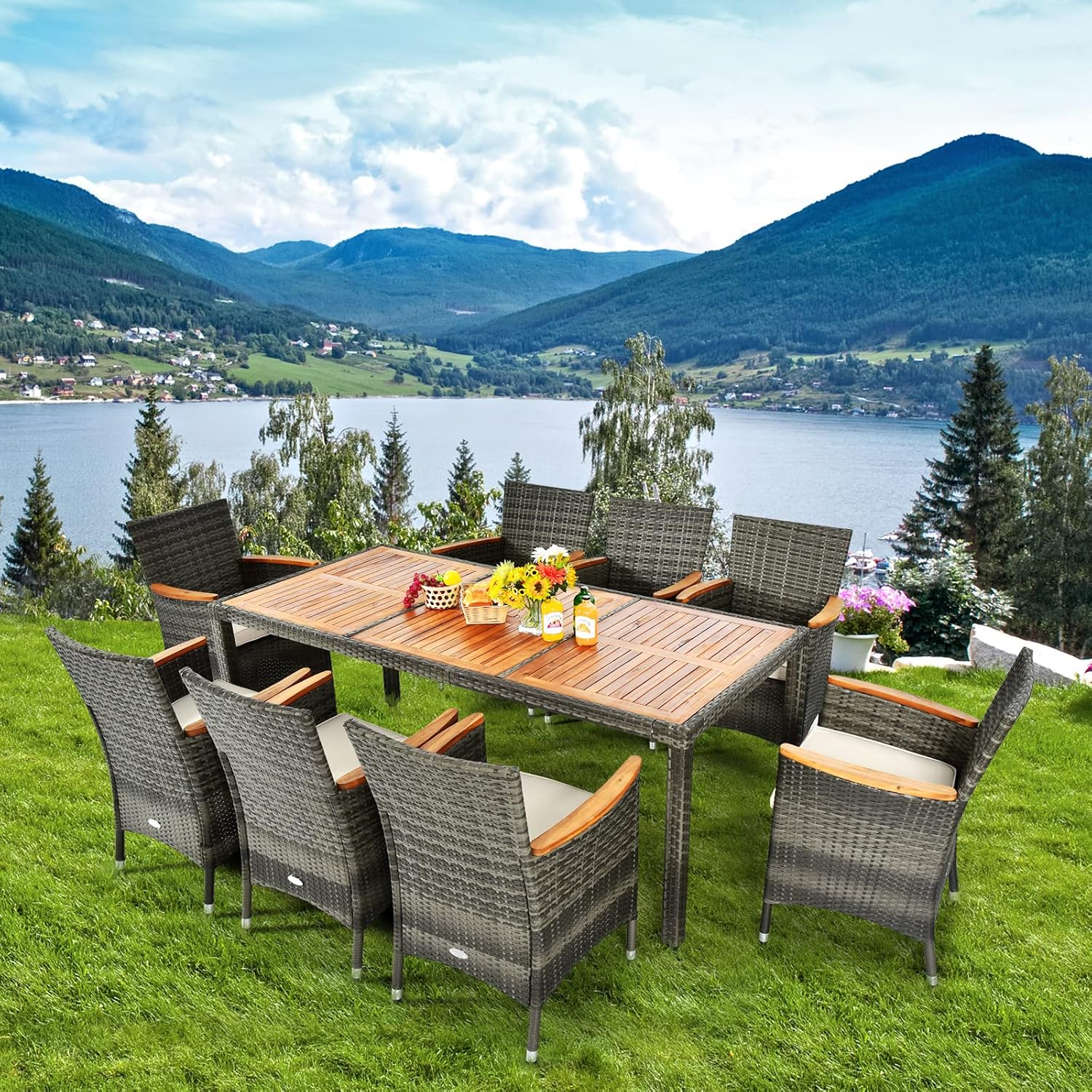 Set 9 Pezzi da Pranzo per giardino, Set di Mobili Esterno in Rattan PE, con 1 Tavolo Rettangolare e 8 Sedie con Cuscini, Ideale per Giardino Piscina e Cortile