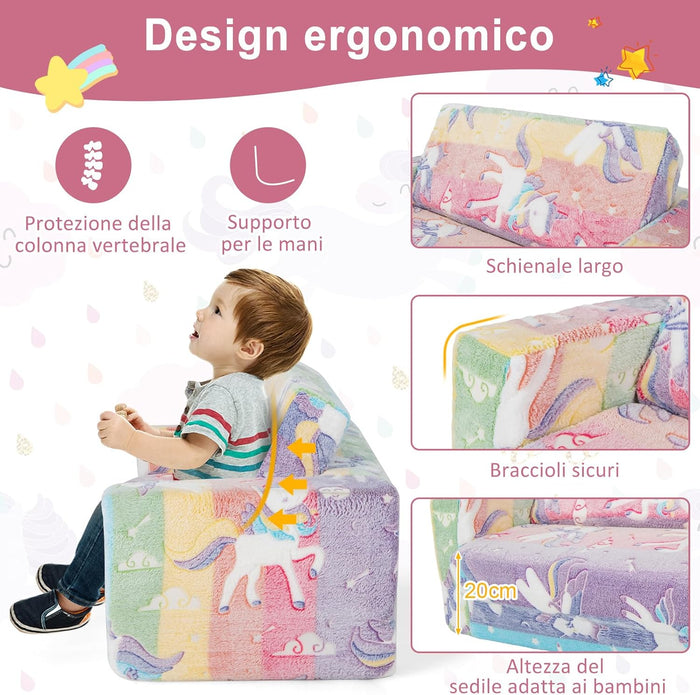 Divano Poltrona per Bambini 2 in 1 con Schienale Ribaltabile, Divano Multifunzionale per Bambini con Copertura in Flanella Rimovibile, per Bambini Sotto 12 Anni
