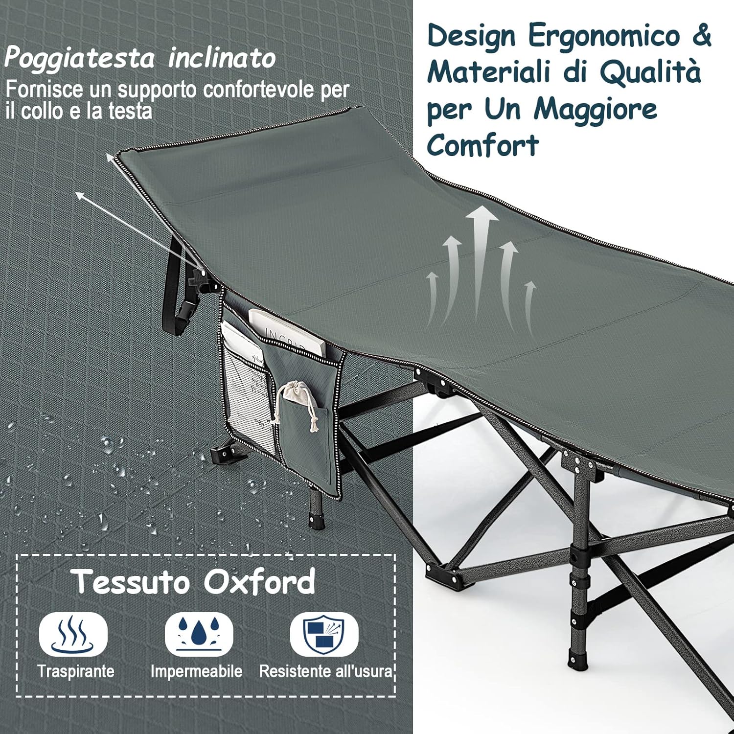 Brandina da Campeggio Pieghevole, Letto Portatile con Poggiatesta Inclinato, Tasca Laterale e Borsa di Trasporto, Branda Campeggio per Backpacking, Ospiti e Pesca, Portata 272 kg