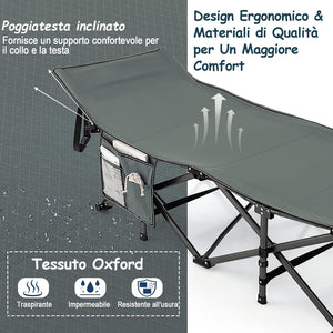 Brandina da Campeggio Pieghevole, Letto Portatile con Poggiatesta Inclinato, Tasca Laterale e Borsa di Trasporto, Branda Campeggio per Backpacking, Ospiti e Pesca, Portata 272 kg