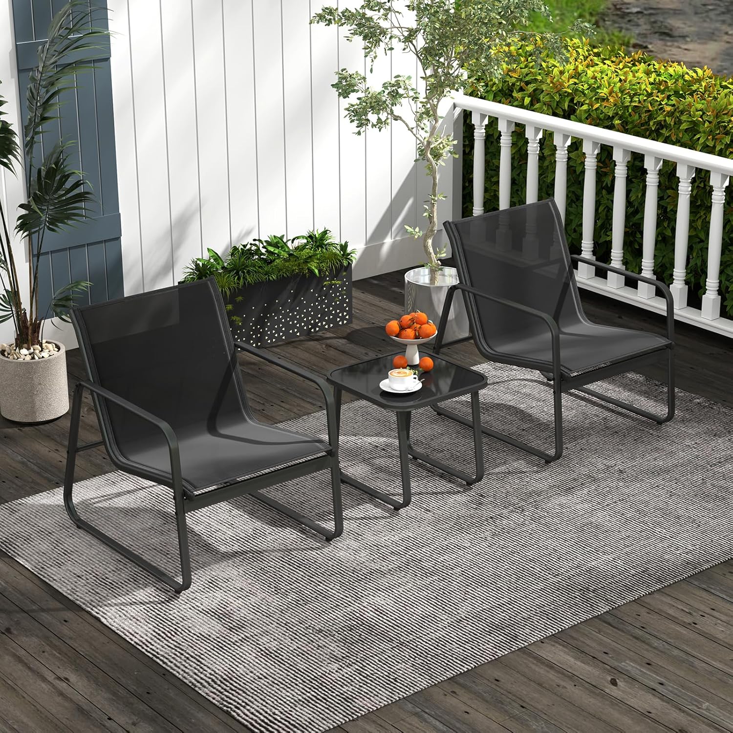 Set da Conversazione a 3 Pezzi, Set di 2 Sedie in Textilene e Tavolino in Vetro Temperato, Set da Giardino a 3 Pezzi con Struttura in Metallo, per Giardino, Terrazza, Piscina (Nero)