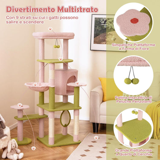 Tiragraffi per Gatto Alto 150 cm Stile Floreale, Albero Tiragraffi Gatti con Pali in Sisal, Piattaforme, Grotta e Pompon, Torre Gatto Rivestito in Peluche, Rosa e Verde