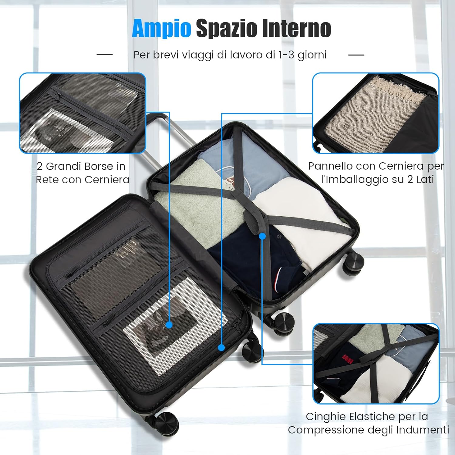 Valigia Bagaglio da 20" con Tasca Frontale, Porta USB, Tavolino Pieghevole, Valigia con Serratura, Ruote Girevoli, Manico Regolabile, Trolley Valigia Rigida Bagaglio da Viaggio (Nero)