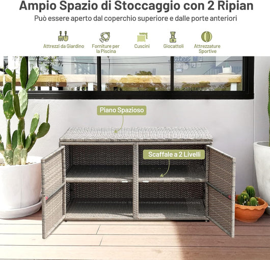 Baule Contenitore da 335L, con Coperchio e 2 Ripiani, Contenitore da Giardino con Telaio in Acciaio, Box per Conservazione di Attrezzi Giocattoli Accessori (Grigio)