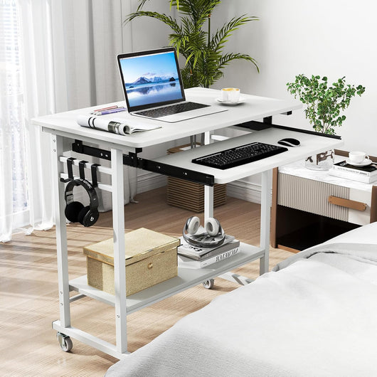Scrivania con Ruote, Vassoio per Tastiera, Supporto per CPU e Ganci, Scrivania Moderna in Legno e Metallo per Salotto e Camera da Letto, 80 x 50 x 78 cm (Bianco)