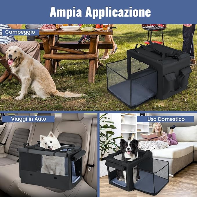 Trasportino Pieghevole per Cani e Gatti, Borsa da Trasporto per Animali con 2 Aperture, Finestra, Cesto Interno in Rete, Tasche Laterali e Porta Bicchiere, Gabbia Morbida e Portatile (M)
