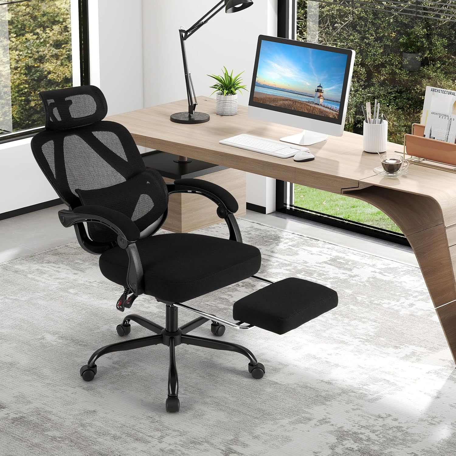 Sedia da Ufficio con Ruote, Sedia da Scrivania con Altezza Regolabile, Poggiapiedi Estraibile, Schienale Regolabile a 135°, Poggiatesta e Supporto Lombare Regolabili, Portata 160 kg