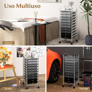 Carrello con 10 Cassetti da Stoccaggio, Cassettiera di Metallo e Plastica, Contenitore Multiuso con Ruote a Freno, per Casa e Ufficio (Nero sfumato)
