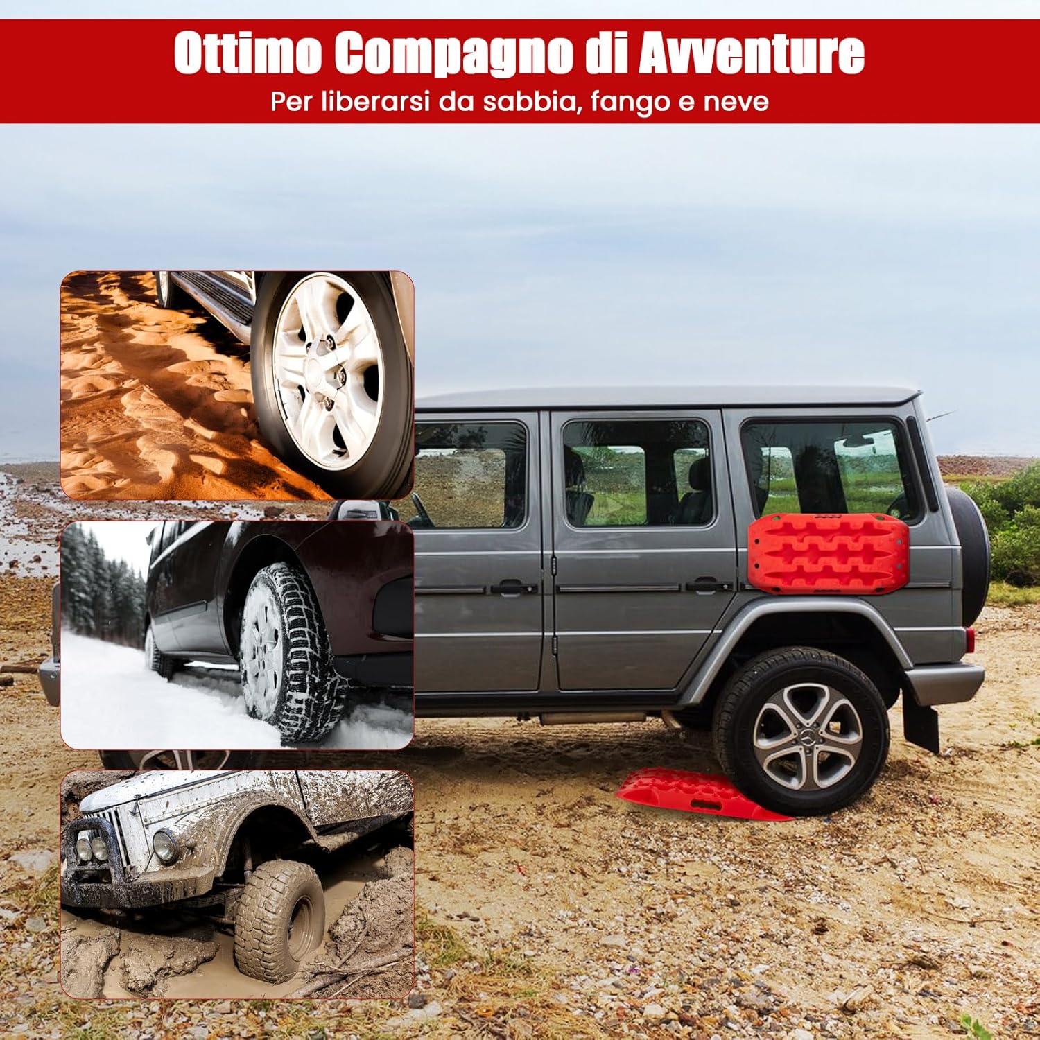 Tappetino di Trazione 2 Pezzi, Carico 10T, Piastre di Trazione per SUV Camper Auto Camion, Tavola di Recupero per Piste Offroad, per Sabbia, Neve, Fango (Rosso, 58 x 31 x 6 cm)