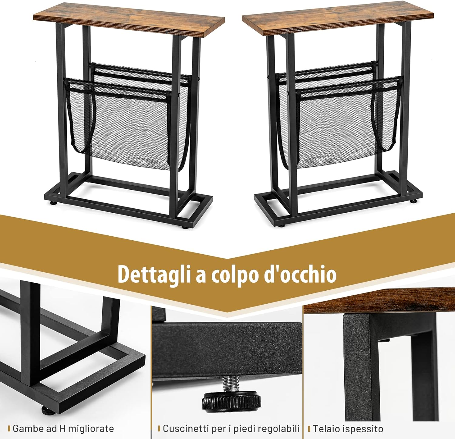 Tavolino di Servizio a 2 Livelli, Tavolino Laterale in Stile Industriale, Comodino Retrò con Porta Riviste, Tavolino da Caffè per Salone Camera da Letto e Ufficio, 45 x 18 x 54,5 cm
