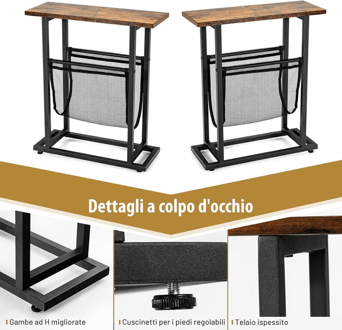 Tavolino di Servizio a 2 Livelli, Tavolino Laterale in Stile Industriale, Comodino Retrò con Porta Riviste, Tavolino da Caffè per Salone Camera da Letto e Ufficio, 45 x 18 x 54,5 cm