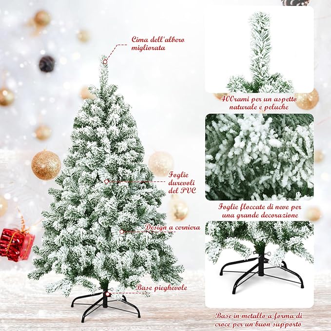 Albero di Natale Innevato da 135/180/225 cm, Albero di Natale con 400/928/1364 Rami Folti e Base di Metallo, Albero di Natale Realistico per Casa, Ufficio e Negozio (135 cm)