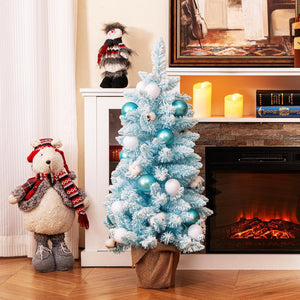 Albero di Natale Artificiale Mini 90 cm, Albero di Natale Innevato da Tavolo con 12 Palline di Cotone Naturale, 24 Palline Decorative e Rami Imbiancati, Decorazione per Feste (Celeste)