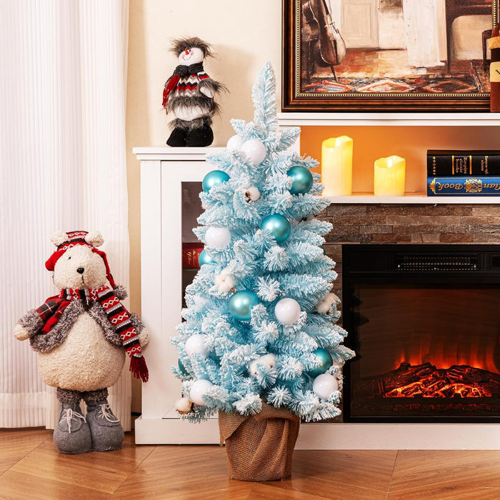 Albero di Natale Artificiale Mini 90 cm, Albero di Natale Innevato da Tavolo con 12 Palline di Cotone Naturale, 24 Palline Decorative e Rami Imbiancati, Decorazione per Feste (Celeste)