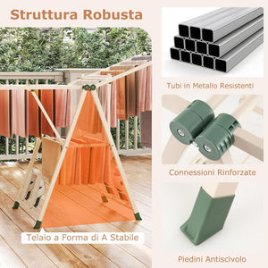 Stendibiancheria con 18 Barra, Stendino Pieghevole in Metallo con Ali Regolabili in Altezza, Clips per Calzini, Supporto per Abbigliamento Autoposante a Ali per Interno Esterno (Beige)