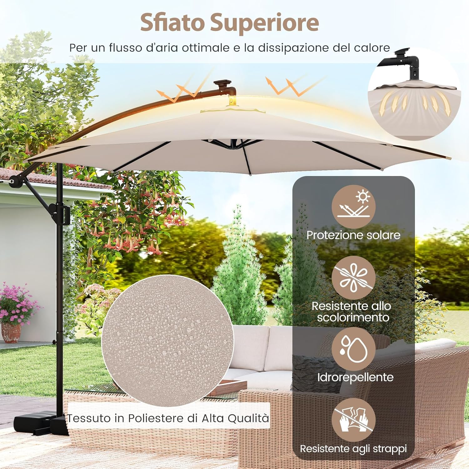Ombrellone da Giardino 290 cm, con 96 Luci LED, Ombrellone Esterno con Base, Inclinazione Regolabile, Rotazione a 360°, Manovella, Parasole da Giardino (Beige)