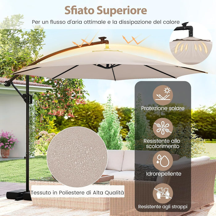 Ombrellone da Giardino 290 cm, con 96 Luci LED, Ombrellone Esterno con Base, Inclinazione Regolabile, Rotazione a 360°, Manovella, Parasole da Giardino (Beige)