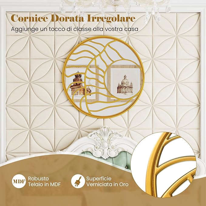 Specchio da Parete 80 cm, Specchio Decorativo da Parete Rotondo con Cornice Irregolare, per Soggiorno, Ingresso Camera da Letto Sala da Pranzo