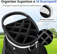 Borsa da Golf con Divisori Superiori a 14 Vie, 9 Tasche, Tasca Termica, Tasca per Scarpe, Porta Ombrello, Doppia Tracolla e Cappuccio Antipioggia, Sacca da Golf per Uomo e Donna