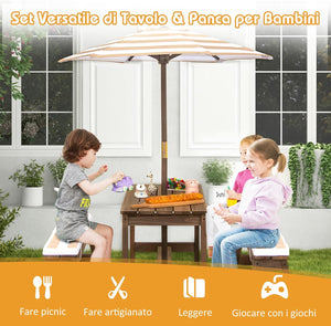 Tavolo da Picnic per Bambini con Parasole Pieghevole, Set di Tavolo e Panca in Legno con Cuscini, per Giardino, Cortile, Patio (Marrone)