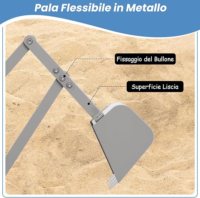 Escavatore per Bambini, Scavatore di Sabbia da Spiaggia con Controlli a 2 Mani e Pala Flessibile, Sedile Girevole a 360°, Escavatore da Costruzione per Esterni, 3 Anni+ (con Base Grigio)