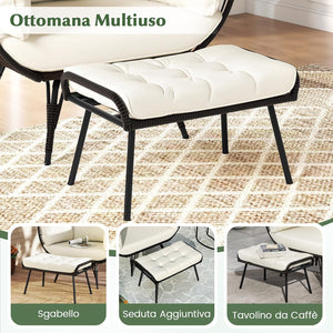 Sedia a Uovo con Poggiapiedi, Poltrona in Rattan con Struttura in Metallo e Cuscini Morbino, Portata 205 kg, Poltrona Relax per Soggiorno, Giardino, Patio e Terrazzo