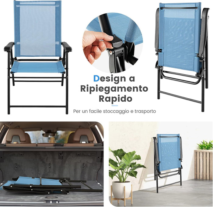 Set di 2 Sedie Pieghevoli da Giardino, Sedie Portatili con Braccioli e Struttura in Metallo, Sedie da Esterno Giardino Campeggio Terrazza Balcone Piscina, 65x60x93cm (blu)