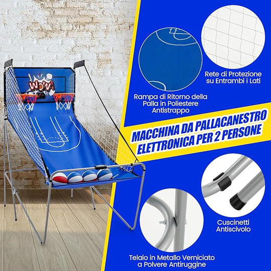 Macchina da Pallacanestro Elettronica Pieghevole, Gioco Arcade da Basket a Doppio Tiro per Casa con 8 Modalità di Gioco, Suono Arcade, Punteggio Elettronico, 4 Palloni e Pompa (Blu)