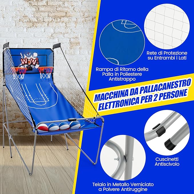 Macchina da Pallacanestro Elettronica Pieghevole, Gioco Arcade da Basket a Doppio Tiro per Casa con 8 Modalità di Gioco, Suono Arcade, Punteggio Elettronico, 4 Palloni e Pompa (Blu)