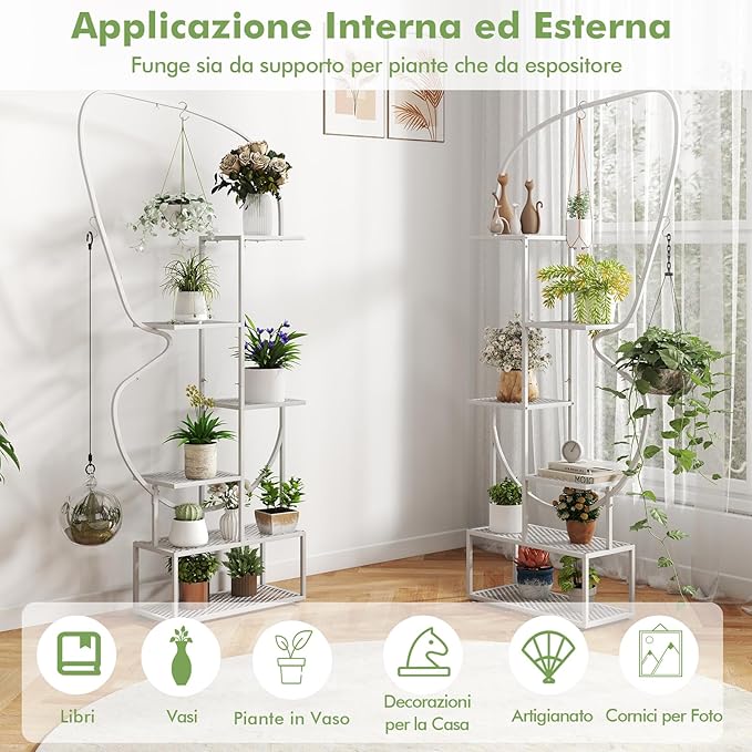 Scaffale Porta Piante a 6 Livelli, Scaffale per Vasi a Forma di Farfalla con 12 Ripiani in Rete Metallica e 4 Ganci, Mensola a Scala per Piante da Interno e Esterno (Bianco)
