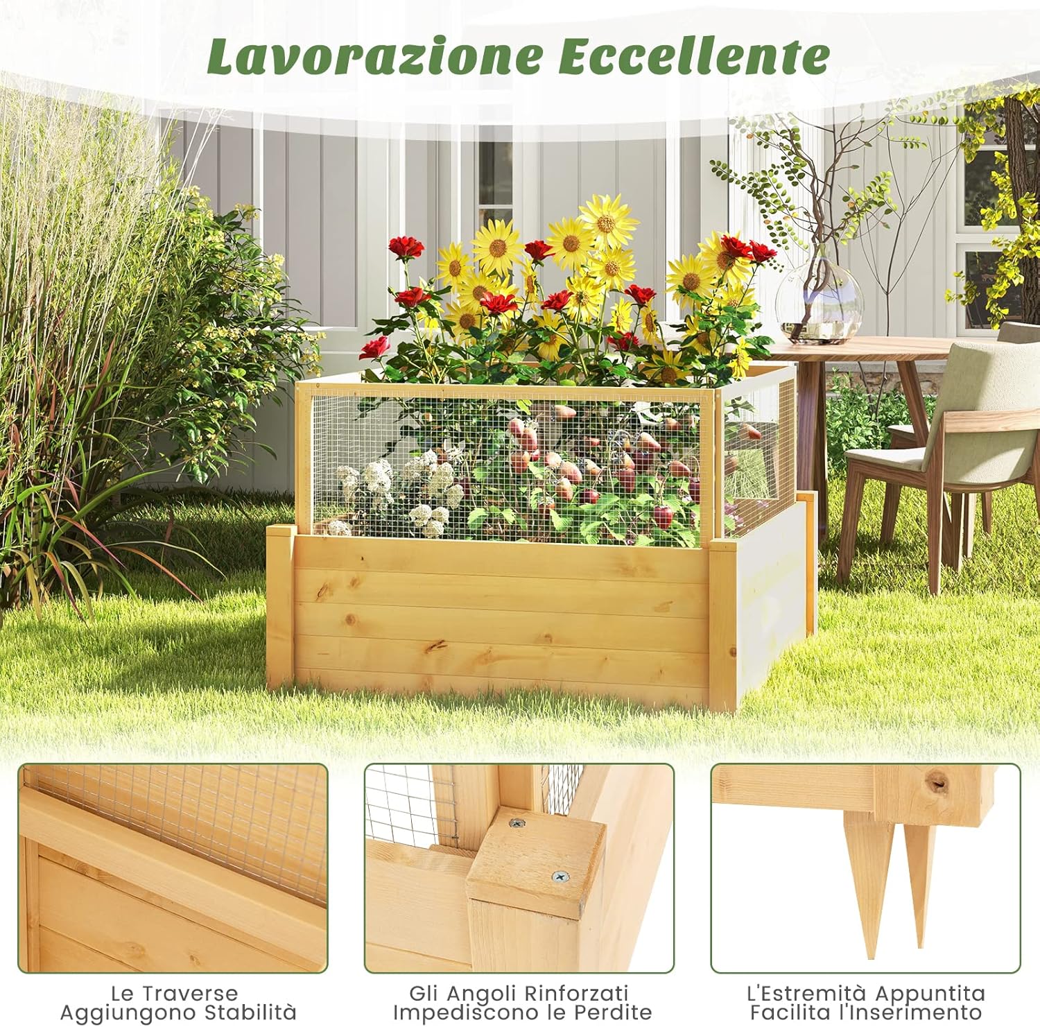 Fioriere Rialzate con Recinto Anti-Animali e Griglia di Coltivazione, Letto da Giardino Rialzato per Coltivazione di Fiori, Verdure, Frutta ed Erbe, 107 x 107 x 70cm