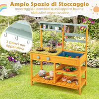 Cucina Giocattolo per Giardino in Legno di Pino, Cucina per Bambini con 2 Fornelli a Manopola, Lavandino e 3 Ganci, Set Cucina con Ripiani Aperti, 75 x 36 x 92 cm (Giallo)