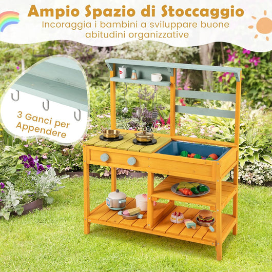 Cucina Giocattolo per Giardino in Legno di Pino, Cucina per Bambini con 2 Fornelli a Manopola, Lavandino e 3 Ganci, Set Cucina con Ripiani Aperti, 75 x 36 x 92 cm (Giallo)