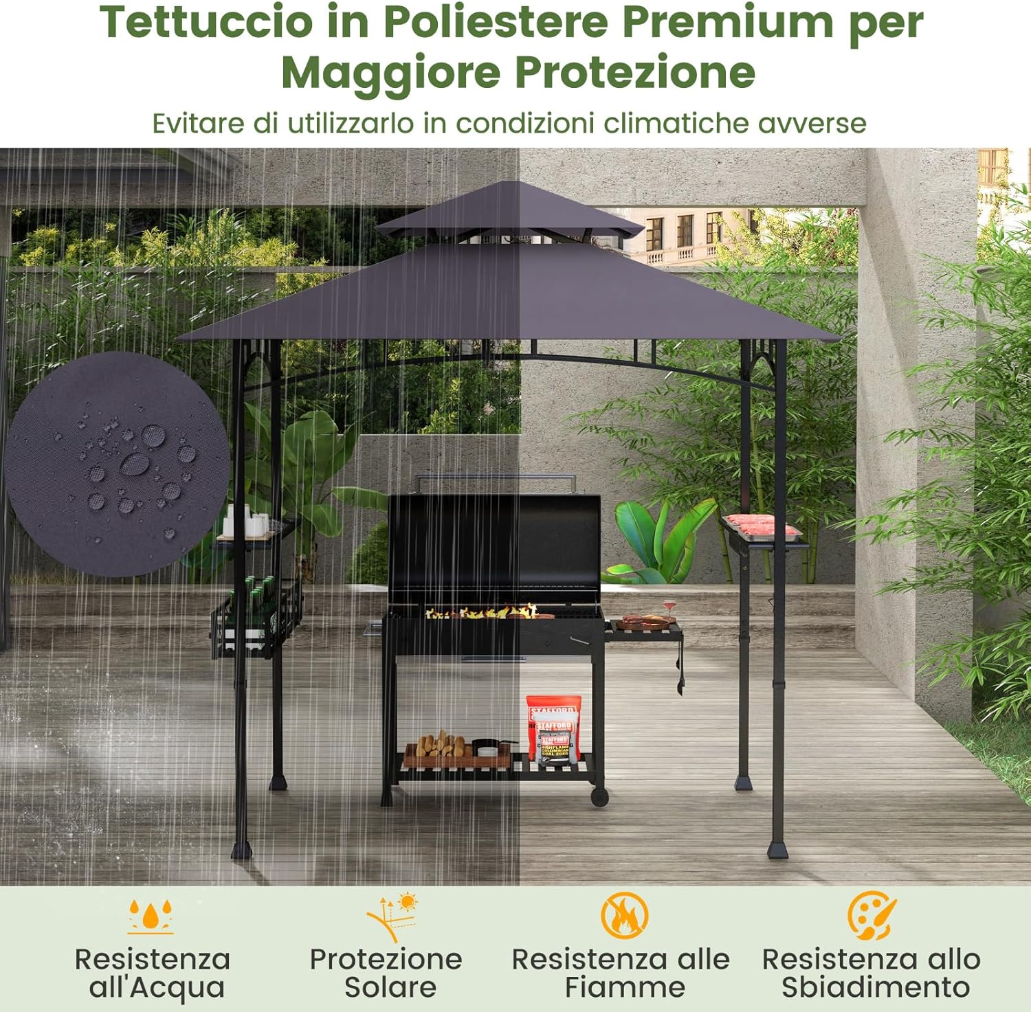 Gazebo per Barbecue, Pergola per BBQ con 2 Ripiani Laterali, Cestino, Ganci Appendiutensili, Apribottiglie, Copertura a 2 Livelli, per Giardino e Cortile, 242 x 153 x 250 cm (Grigio Scuro)