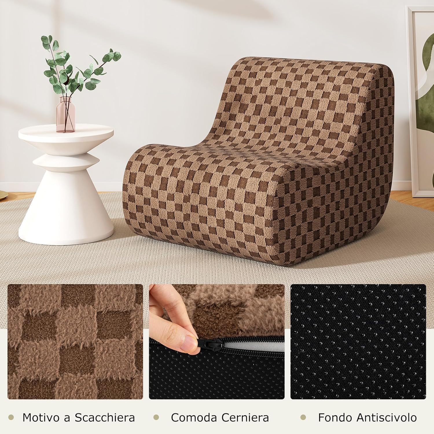 Sedia a Sacco con Pouf, Divano in Spugna ad Alta Elasticità, Fondo Antiscivolo e Copertura in Velluto Lavabile, Comoda Poltrona Pigra per Soggiorno Camera da Letto Sala Lettura (Marrone)