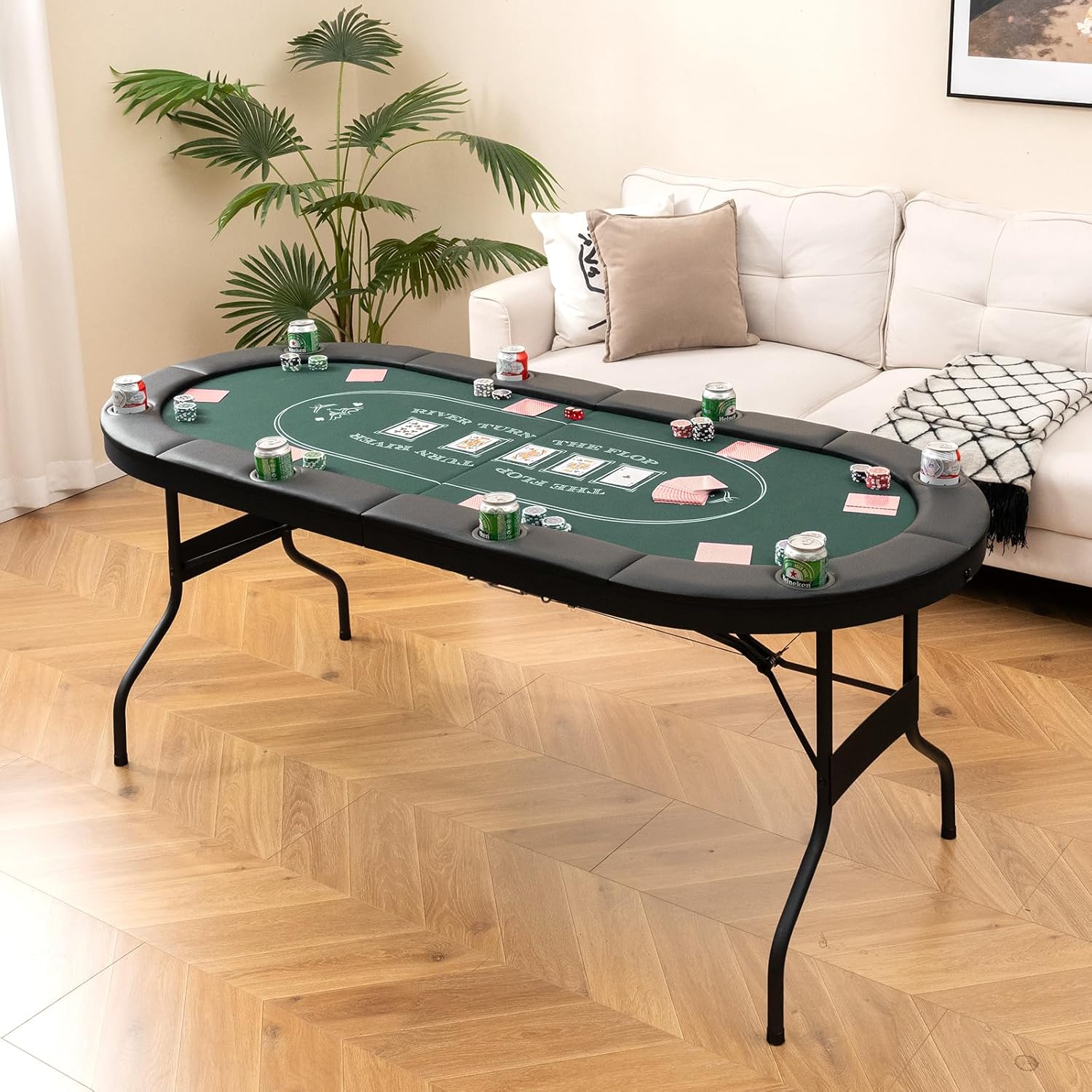 Tavolo da Poker Pieghevole 182 cm per 8 Giocatori, Tavolo da Gioco Ovalo con Supporti per Bicchieri, Rivestimenti Imbottiti, per Blackjack, Texas Hold’em, Giochi da Casinò (Verde)