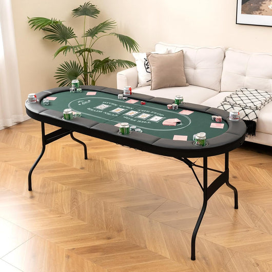 Tavolo da Poker Pieghevole 182 cm per 8 Giocatori, Tavolo da Gioco Ovalo con Supporti per Bicchieri, Rivestimenti Imbottiti, per Blackjack, Texas Hold’em, Giochi da Casinò (Verde)