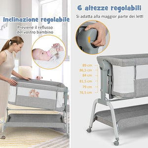 Culla Neonato Fianco 4 IN 1, Culla Co-sleeping con Spondina Apribile, Altezza Regolabile, Inclinabile, Materasso Ruote Borsa da Viaggio Zanzariera Inclusi, 0-6 Mesi Fino a 9 kg (Grigio)