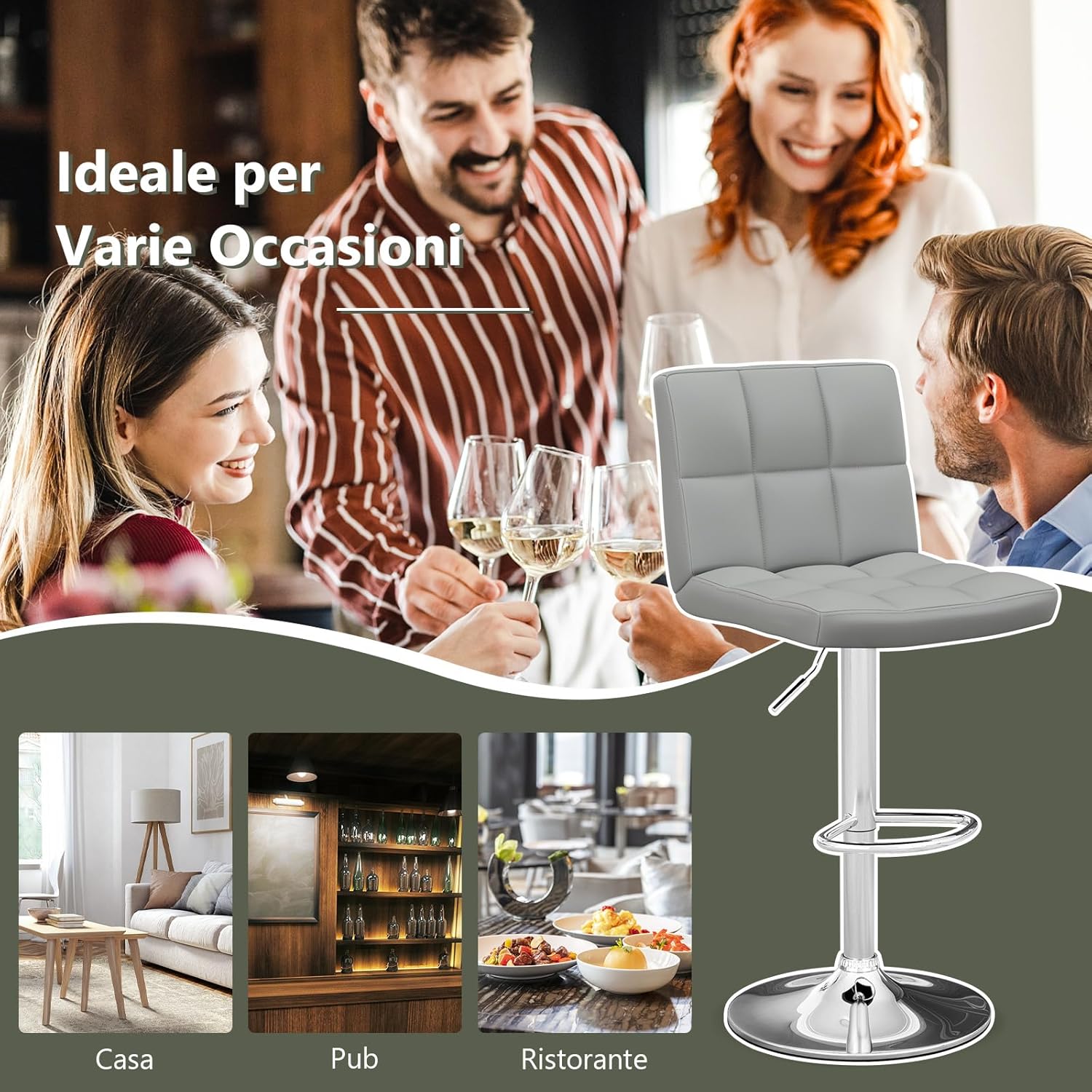 Sgabello Regolabile in Altezza in Ecopelle, Sgabello Cucina Girevole a 360° con Poggiapiedi e Base Metallica Antiscivolo, Sedia Portata 150 kg per Sala da Pranzo e Penisola Cucina (Grigio,1)